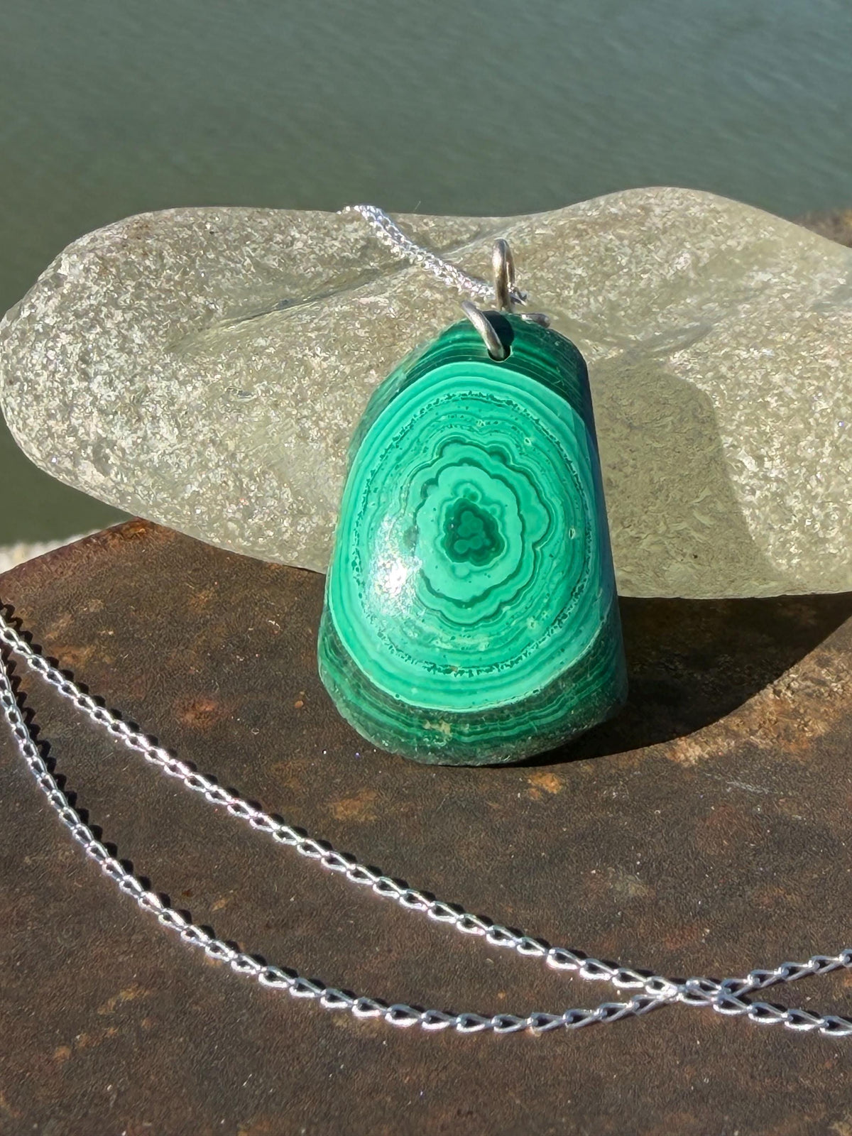Stunning malachite necklace on recycled sterling silver. Boho large green gemstone necklace, ethically sourced and eco friendly. Unique gift