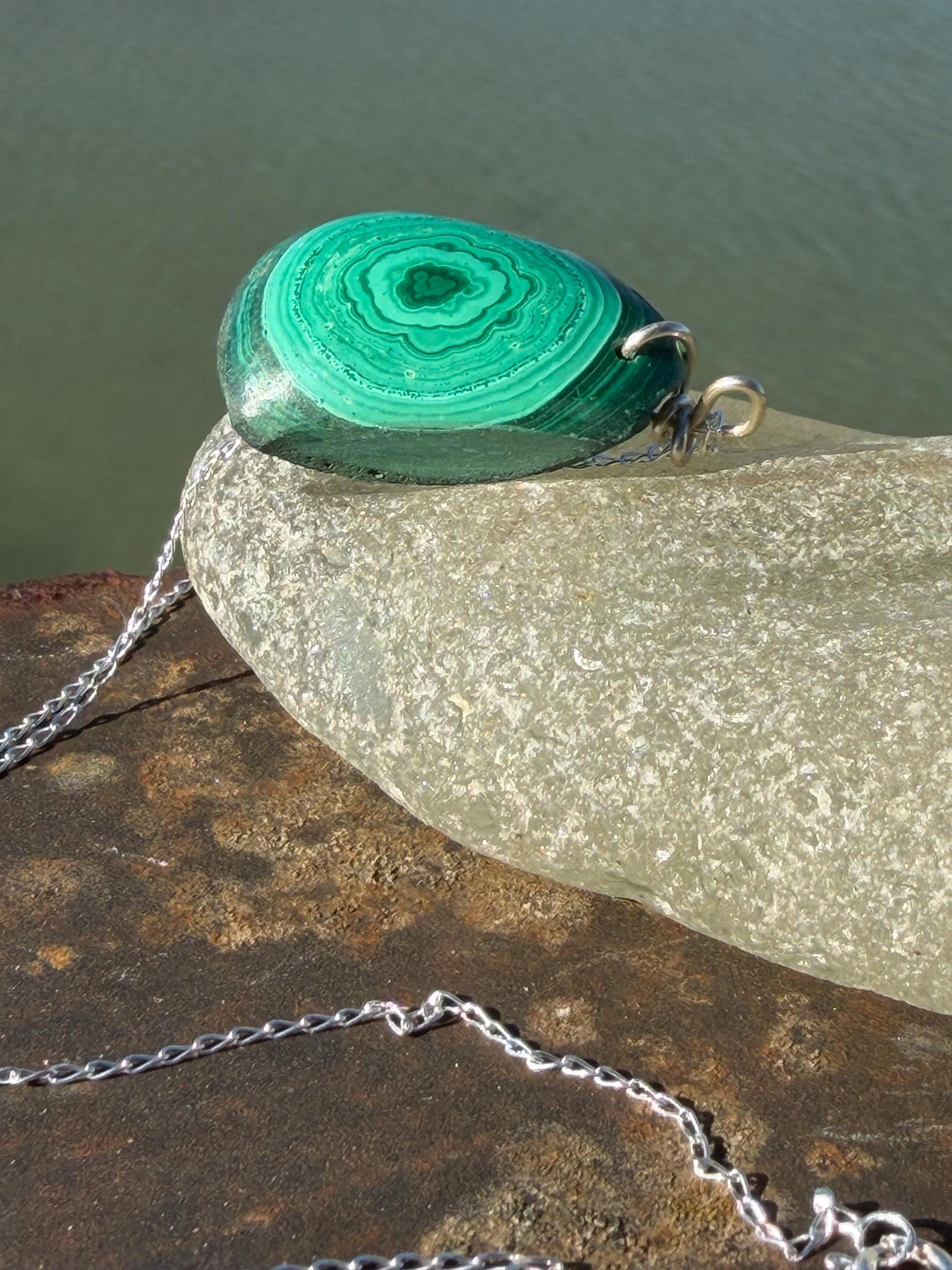 Stunning malachite necklace on recycled sterling silver. Boho large green gemstone necklace, ethically sourced and eco friendly. Unique gift