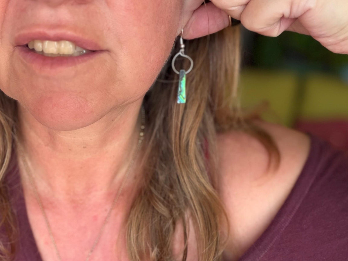 Abalone earrings. Handmade eco friendly earrings, abalone jewellery, rainbow earrings, funky jewellery, unusual jewellery, ethical jewellery