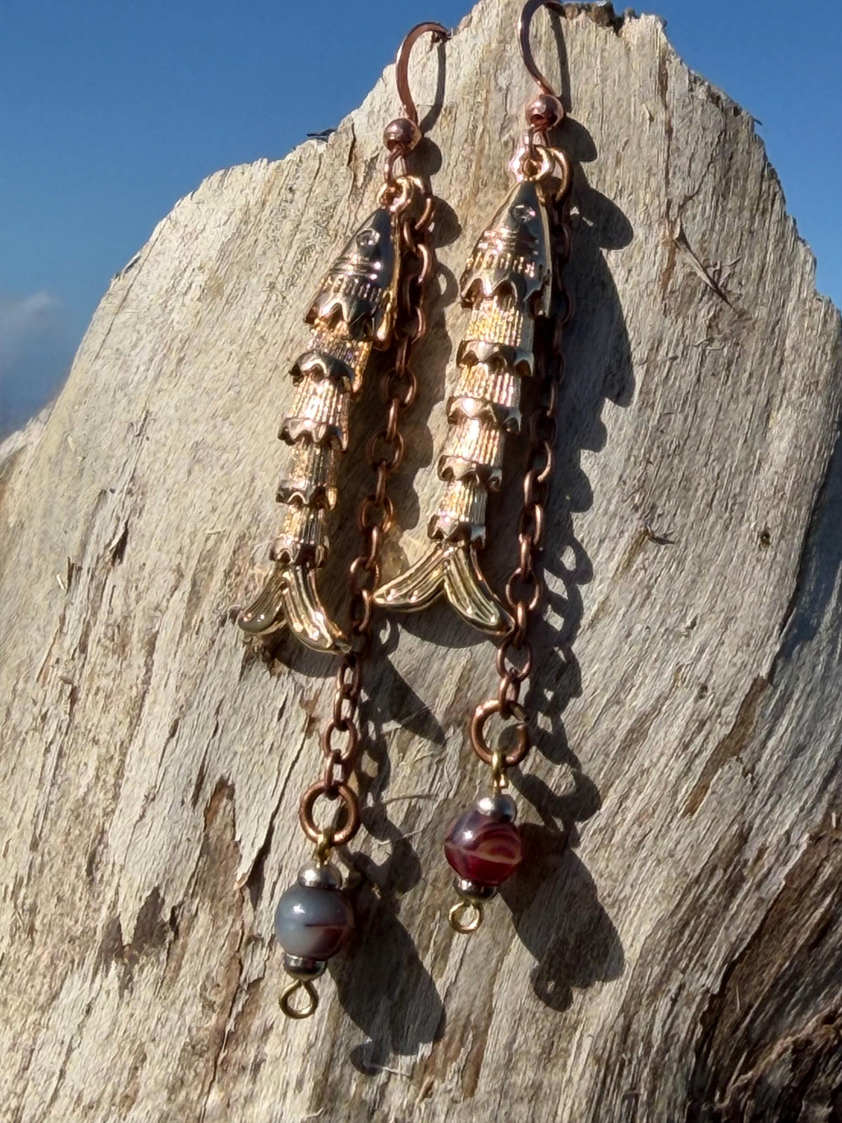Articulated fish earrings. Articulated jewellery. Eco friendly handmade jewellery.  Boho unusual earrings. Ethical and unique earrings.
