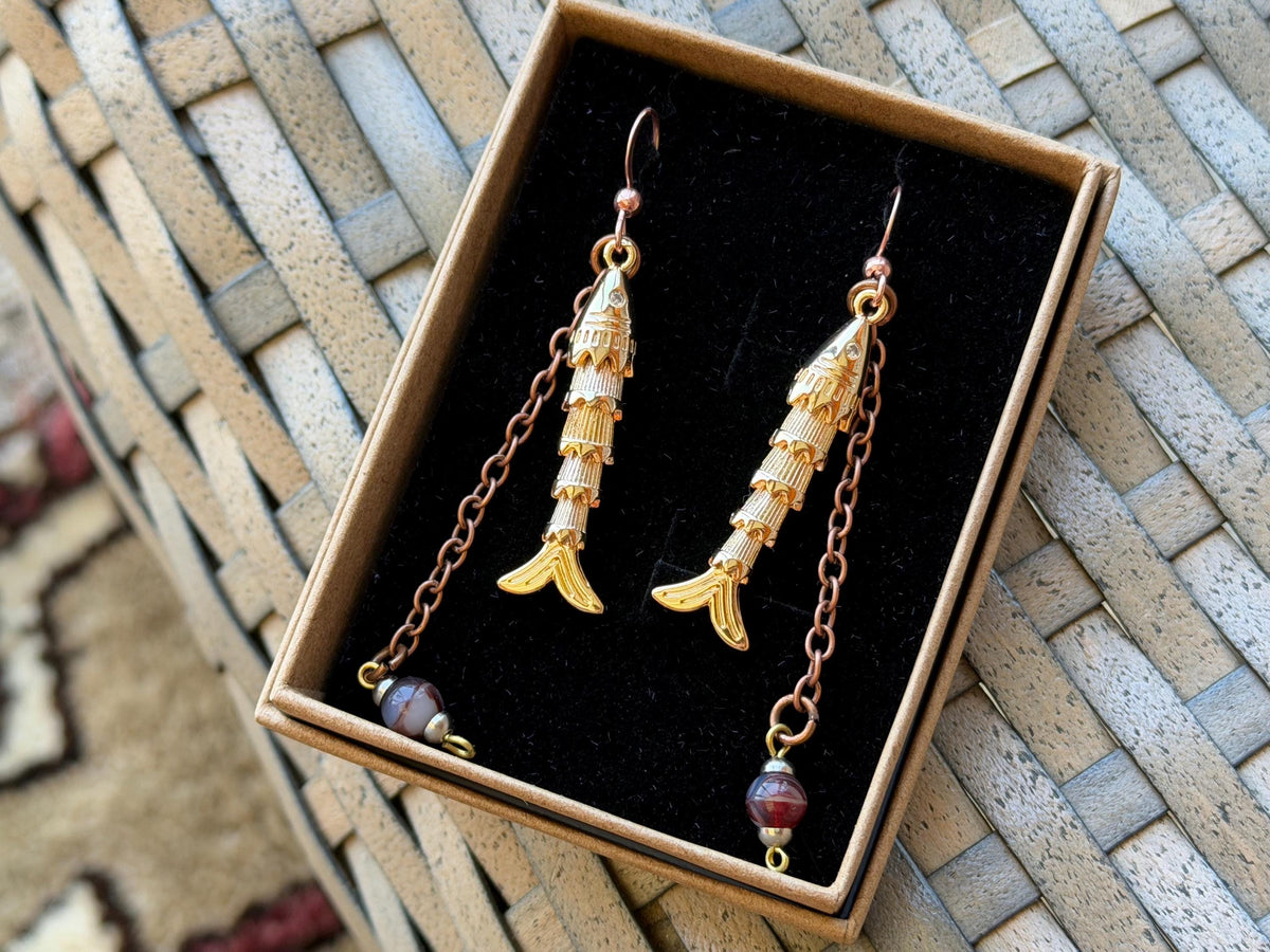 Articulated fish earrings. Articulated jewellery. Eco friendly handmade jewellery.  Boho unusual earrings. Ethical and unique earrings.