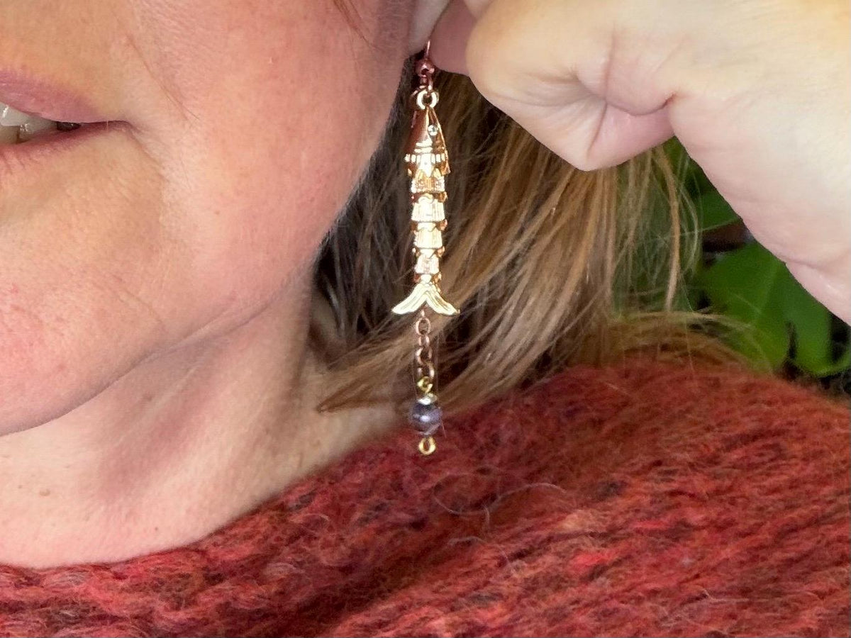 Articulated fish earrings. Articulated jewellery. Eco friendly handmade jewellery.  Boho unusual earrings. Ethical and unique earrings.