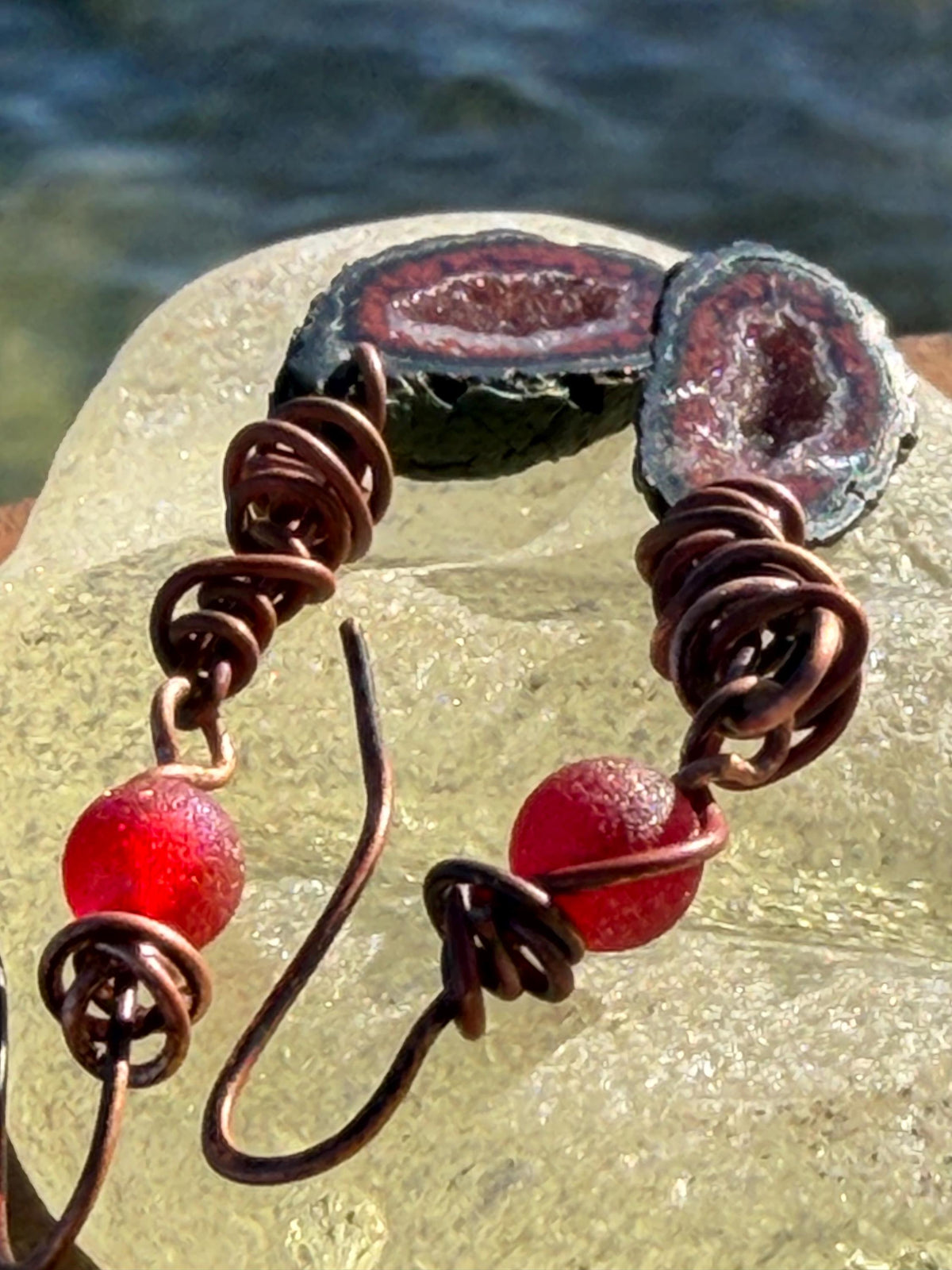 Druzy agate gemstone earrings with sparkly quartz on recycled copper. Handmade earrings. Ethical jewellery, boho jewellery. Unique earrings.