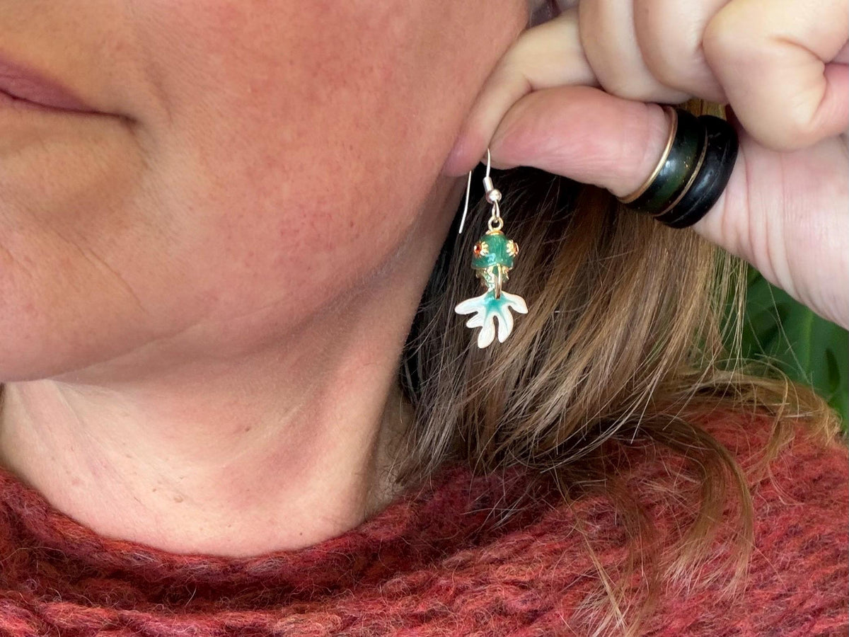 Articulated green fish earrings on recycled sterling silver. Boho earrings. Articulated jewellery.  Cute unusual earrings. GIft for swimmer.