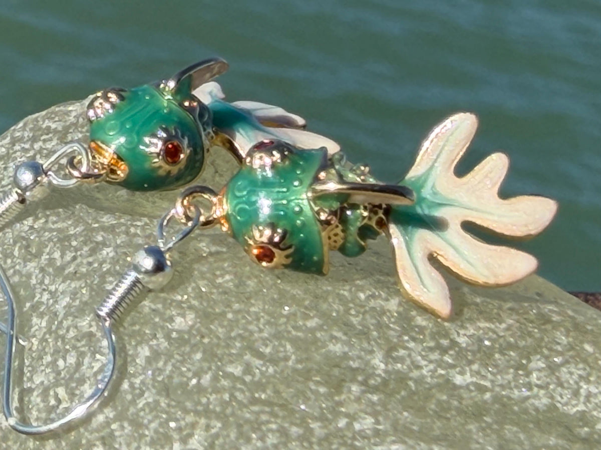 Articulated green fish earrings on recycled sterling silver. Boho earrings. Articulated jewellery.  Cute unusual earrings. GIft for swimmer.