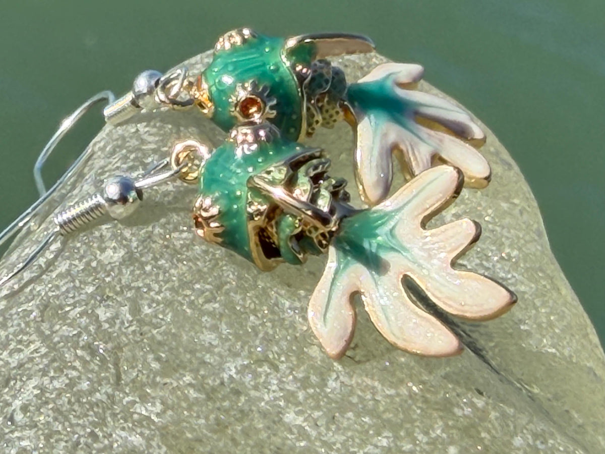 Articulated green fish earrings on recycled sterling silver. Boho earrings. Articulated jewellery.  Cute unusual earrings. GIft for swimmer.
