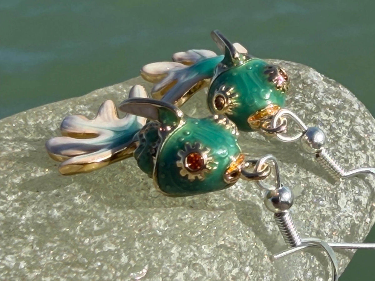 Articulated green fish earrings on recycled sterling silver. Boho earrings. Articulated jewellery.  Cute unusual earrings. GIft for swimmer.
