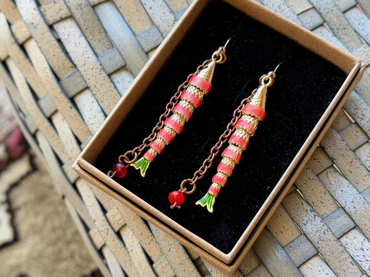 Red articulated fish earrings. Articulated jewellery. Eco friendly handmade jewellery.  Boho unusual earrings. Ethical and unique earrings.