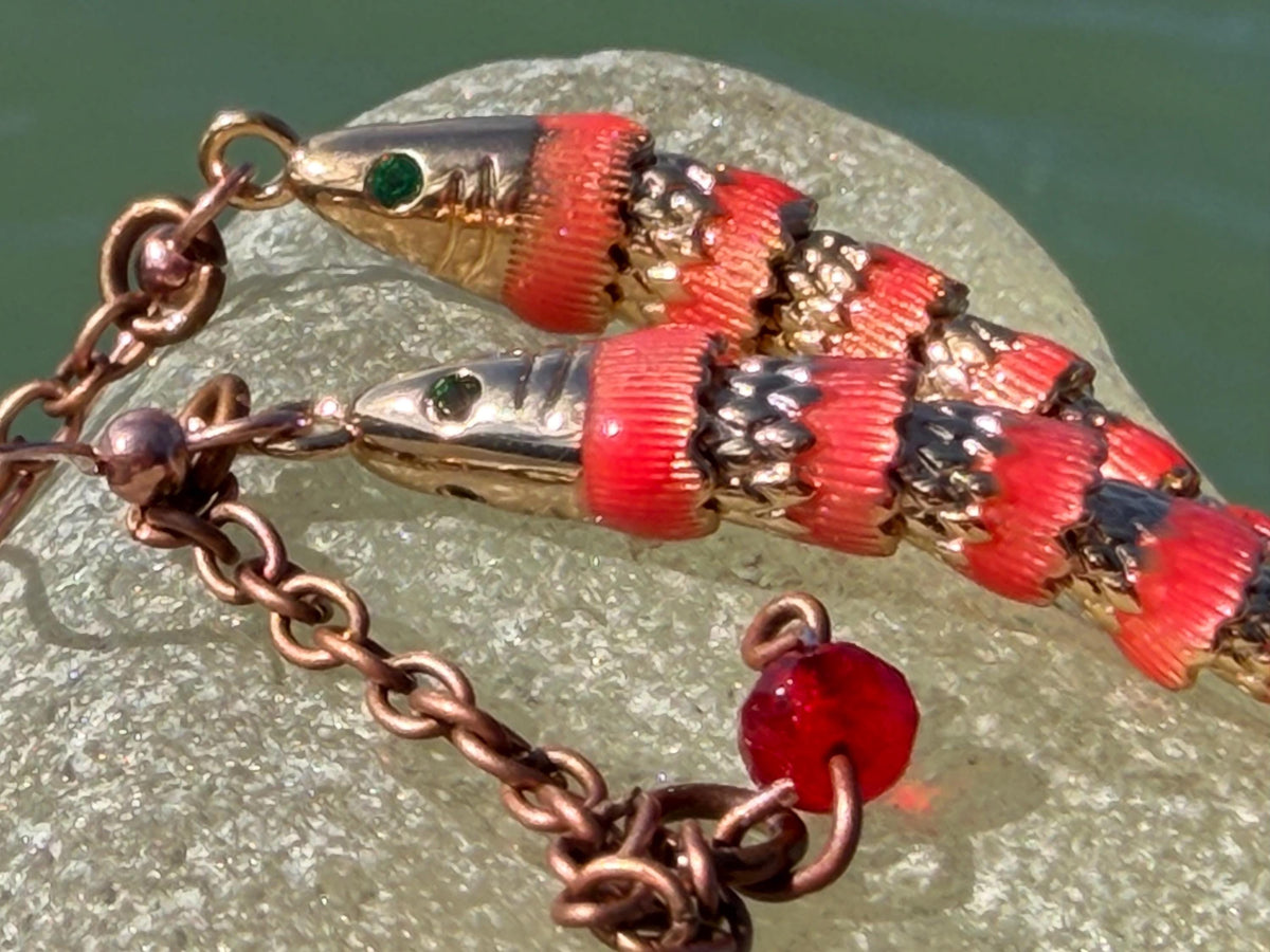 Red articulated fish earrings. Articulated jewellery. Eco friendly handmade jewellery.  Boho unusual earrings. Ethical and unique earrings.