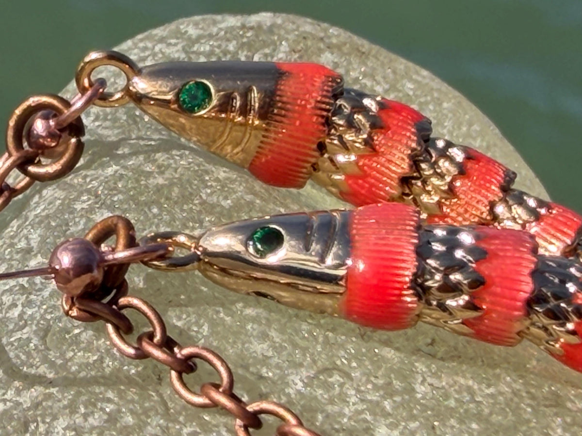 Red articulated fish earrings. Articulated jewellery. Eco friendly handmade jewellery.  Boho unusual earrings. Ethical and unique earrings.