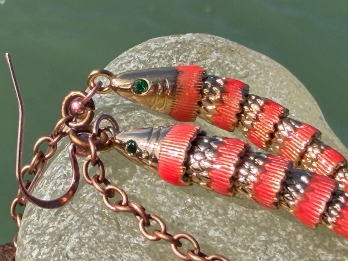 Red articulated fish earrings. Articulated jewellery. Eco friendly handmade jewellery.  Boho unusual earrings. Ethical and unique earrings.