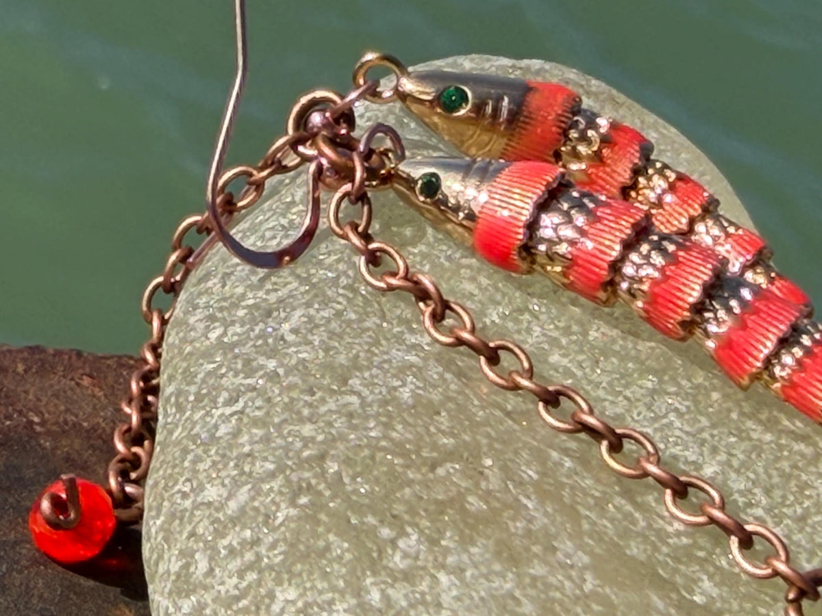 Red articulated fish earrings. Articulated jewellery. Eco friendly handmade jewellery.  Boho unusual earrings. Ethical and unique earrings.