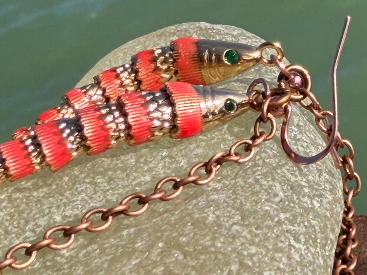 Red articulated fish earrings. Articulated jewellery. Eco friendly handmade jewellery.  Boho unusual earrings. Ethical and unique earrings.