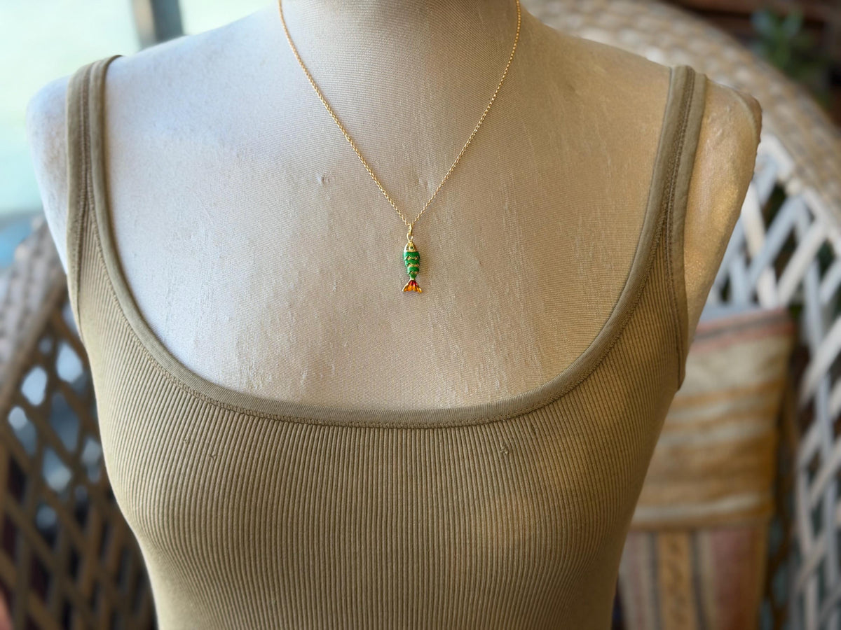 Pretty little fish necklace. Green necklace, boho necklace, ethical jewellery, eco friendly necklace, gift for her, fish pendant for swimmer