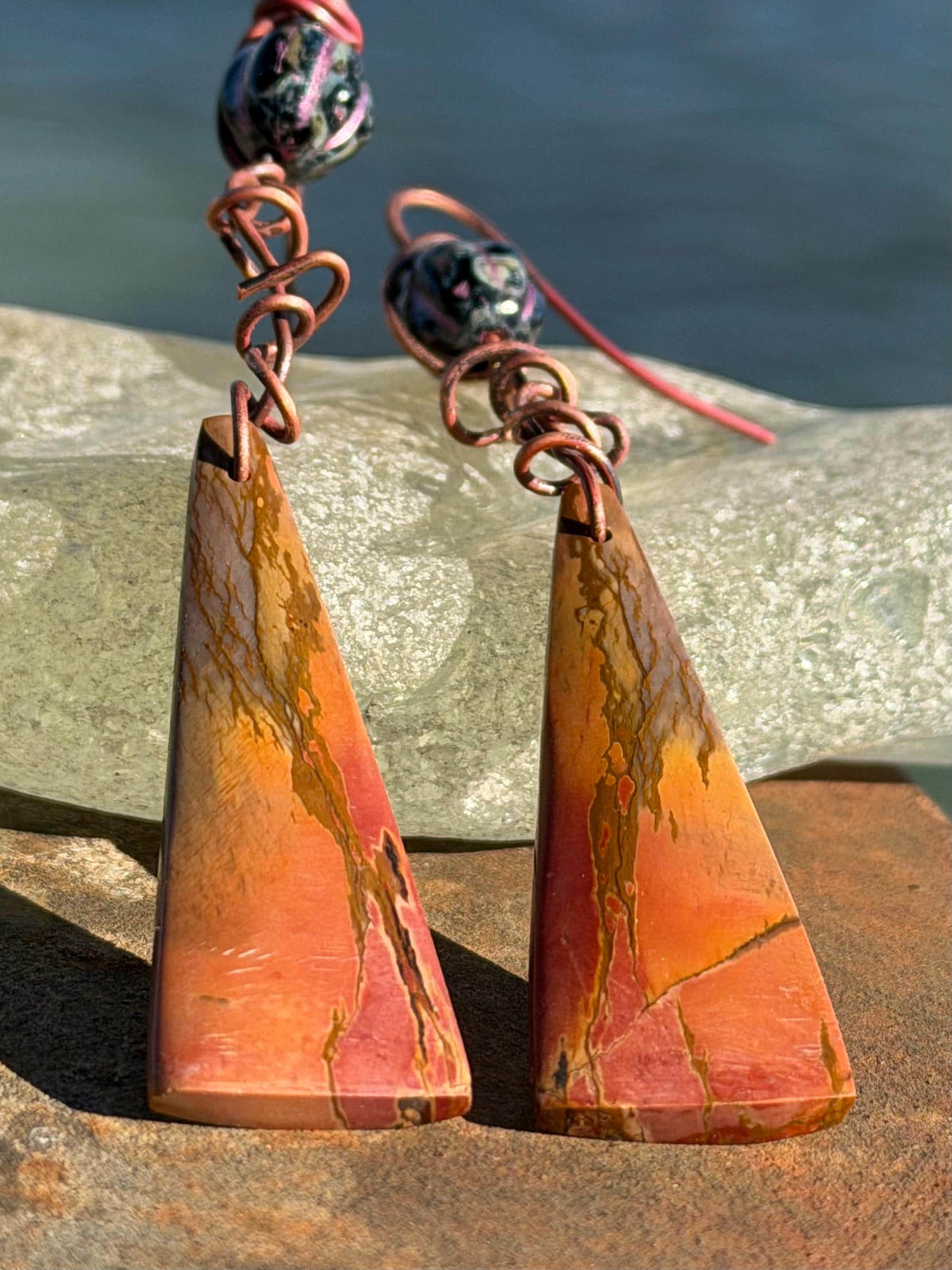 Picasso jasper gemstone earrings. Ethical jewellery, orange gemstone earrings. Stunning unique jewellery. Eco friendly unique earrings.