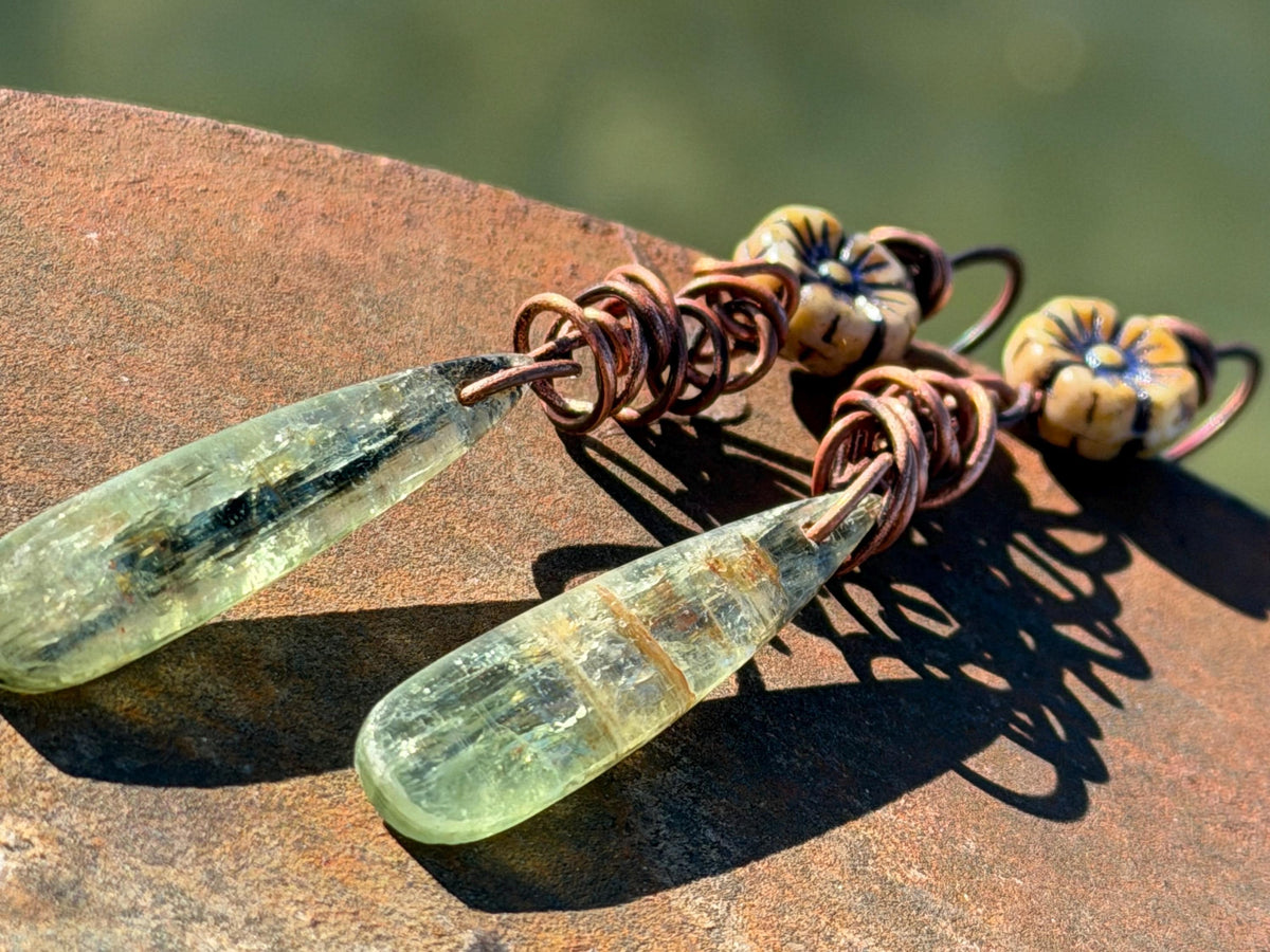 Green kyanite earrings hung on recycled copper. Unique gemstone jewellery. handmade unusual jewellery, ethically made. Eco friendly earrings