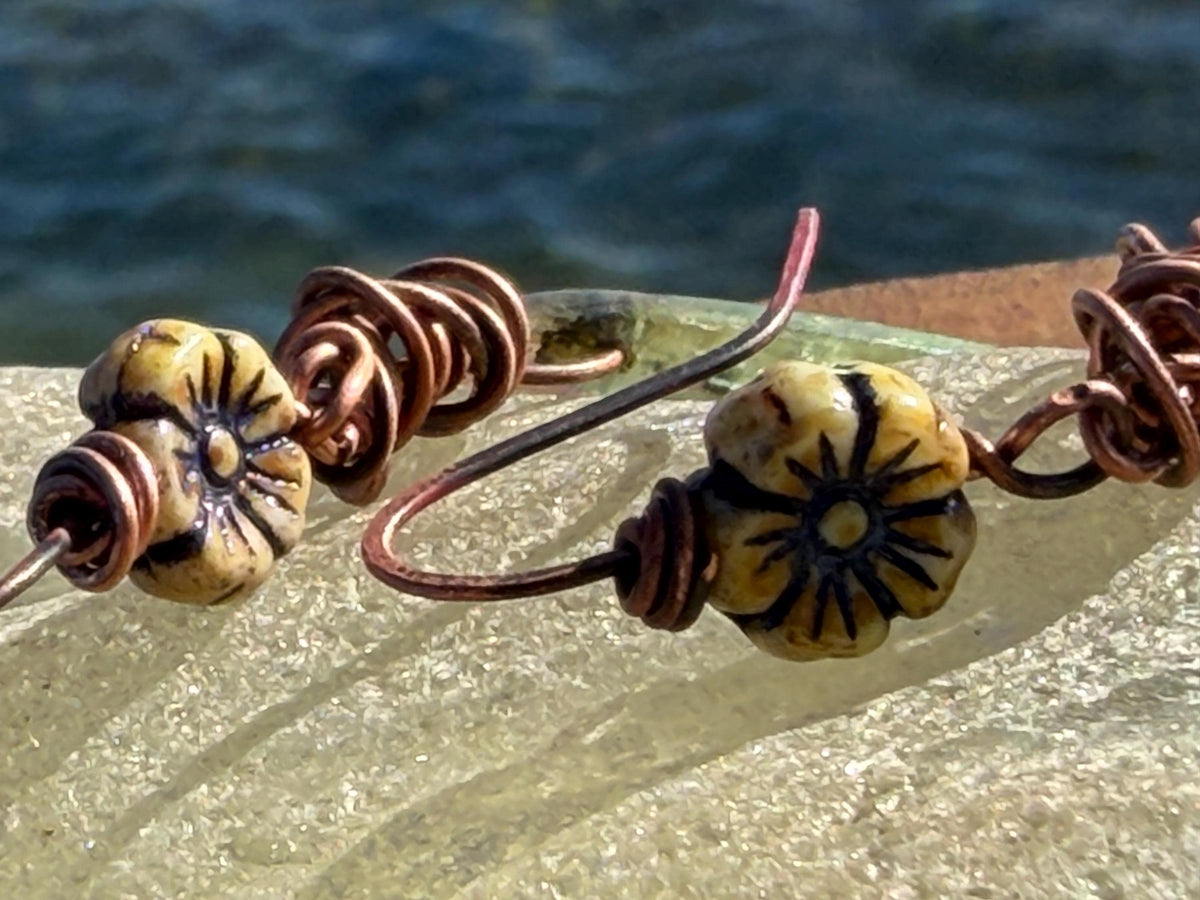Green kyanite earrings hung on recycled copper. Unique gemstone jewellery. handmade unusual jewellery, ethically made. Eco friendly earrings