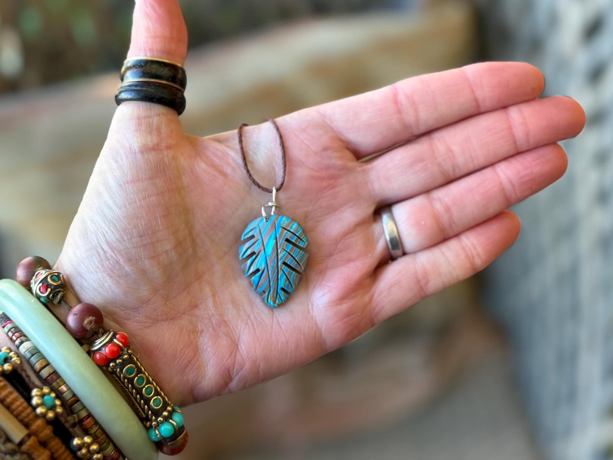 Picasso jasper leaf pendant. Unusual necklace, boho jewellery, unusual jewellery, unique gift for him. Blue leaves. recycled sterling silver