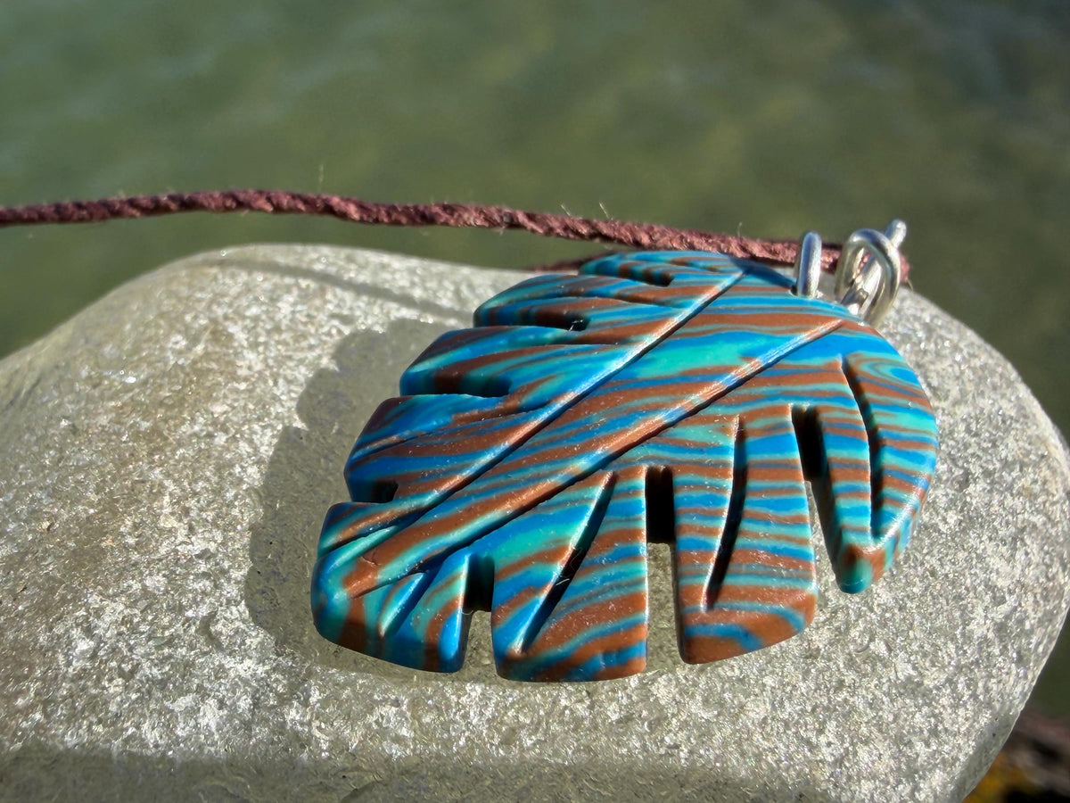 Picasso jasper leaf pendant. Unusual necklace, boho jewellery, unusual jewellery, unique gift for him. Blue leaves. recycled sterling silver