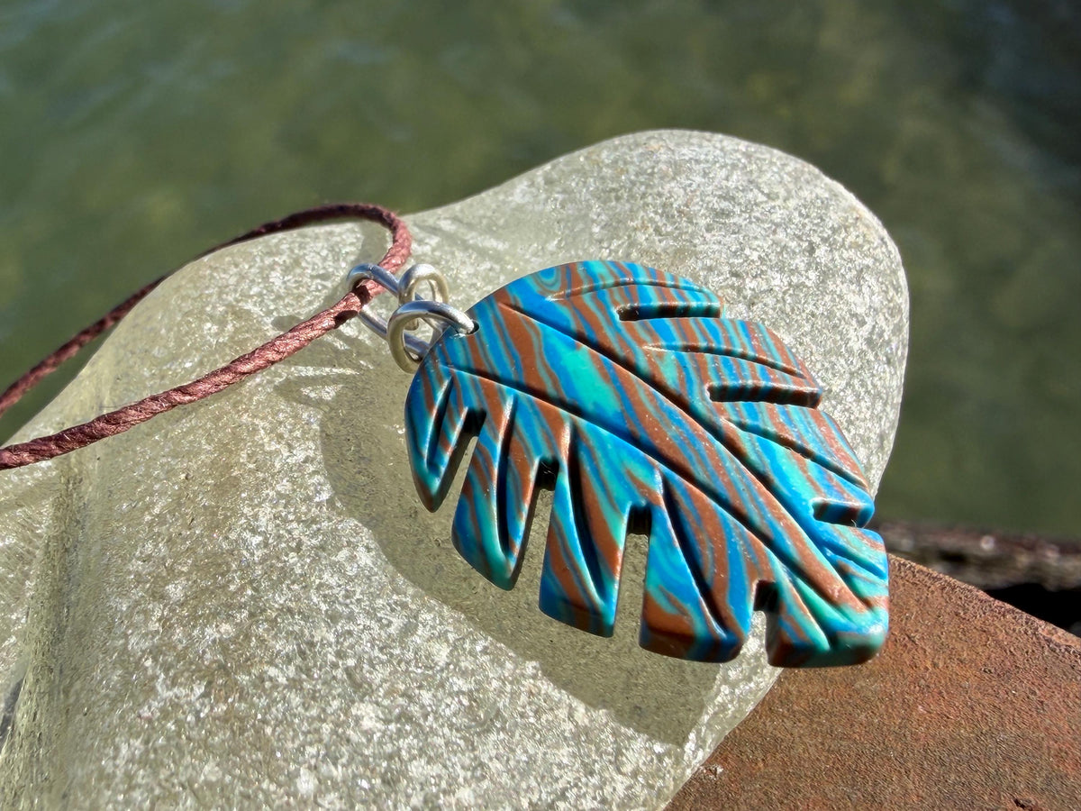 Picasso jasper leaf pendant. Unusual necklace, boho jewellery, unusual jewellery, unique gift for him. Blue leaves. recycled sterling silver