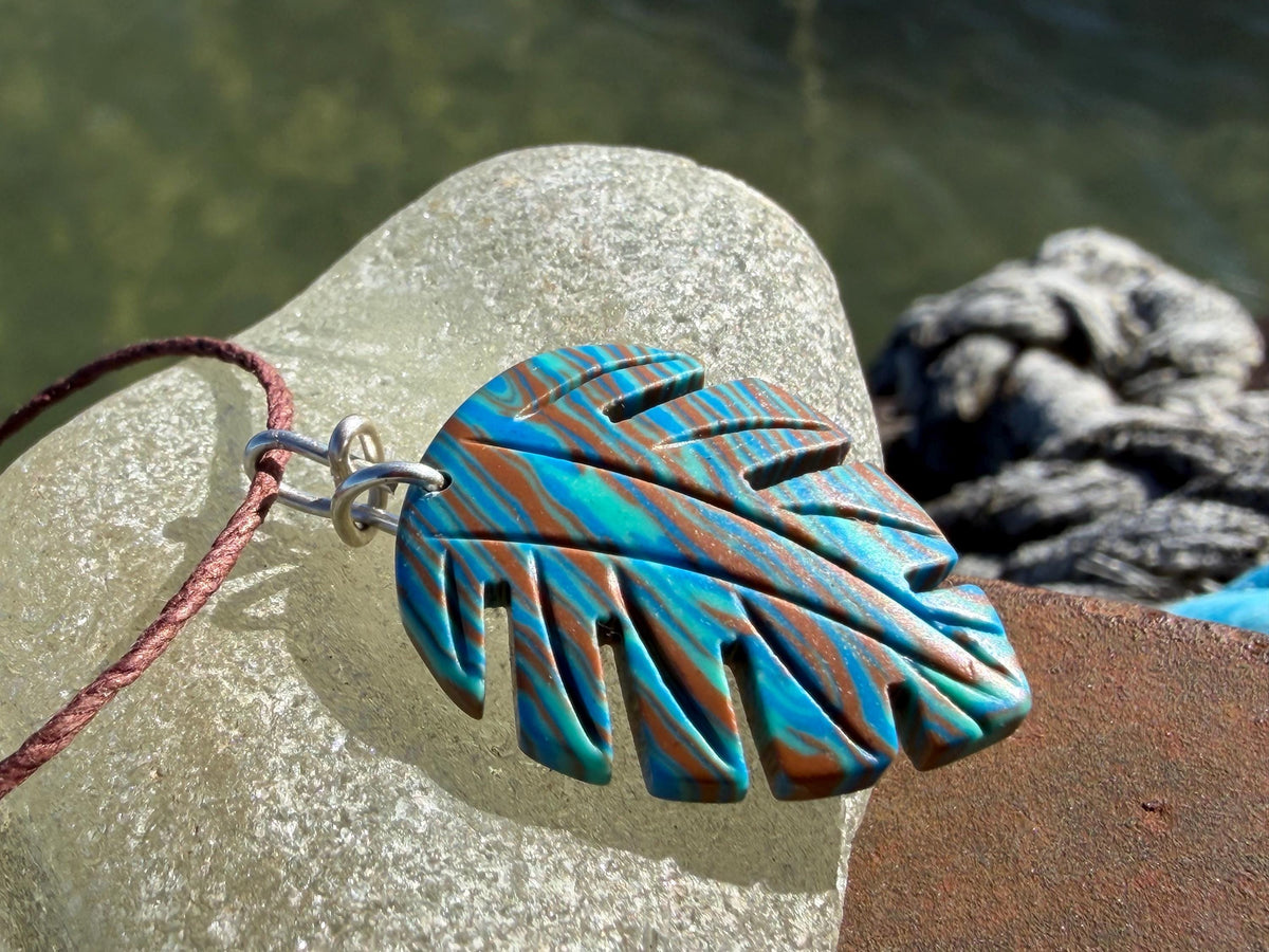 Picasso jasper leaf pendant. Unusual necklace, boho jewellery, unusual jewellery, unique gift for him. Blue leaves. recycled sterling silver