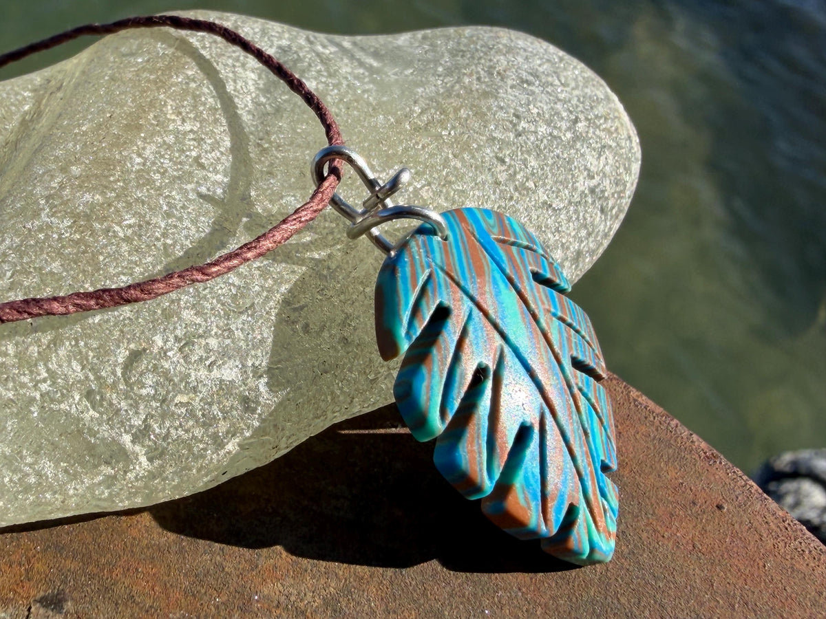Picasso jasper leaf pendant. Unusual necklace, boho jewellery, unusual jewellery, unique gift for him. Blue leaves. recycled sterling silver