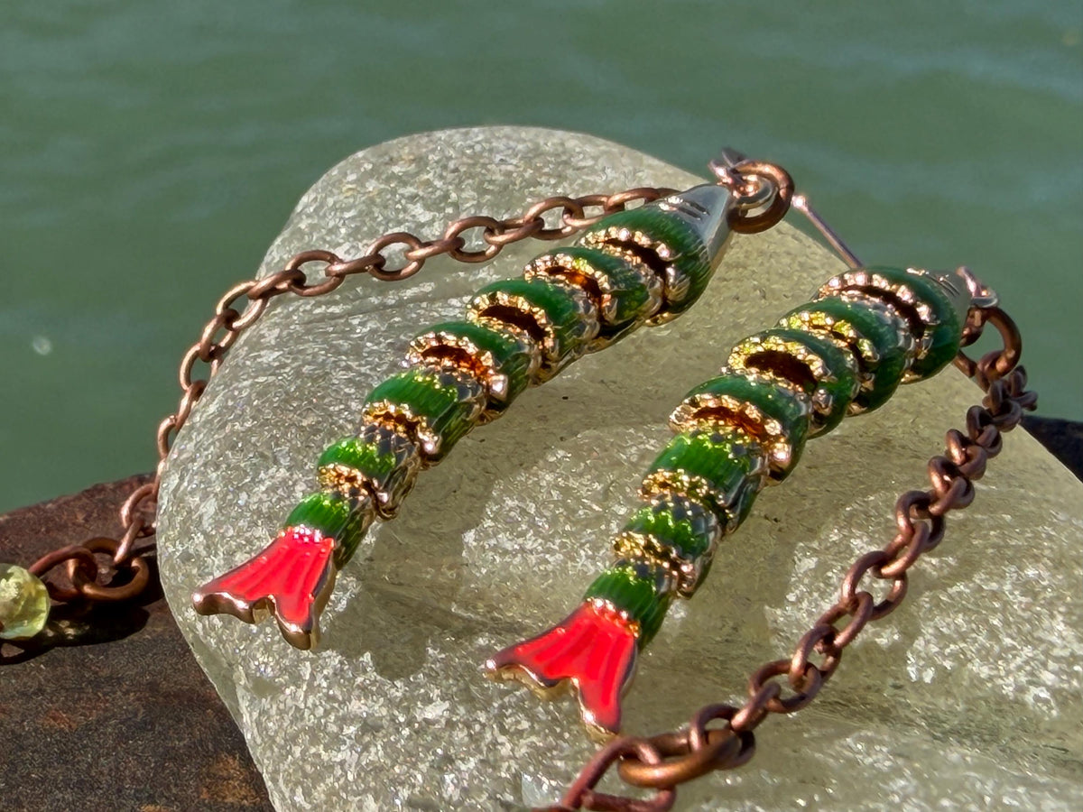 Articulated green fish earrings on recycled sterling silver. Boho earrings. Articulated jewellery.  Cute unusual earrings. GIft for swimmer.