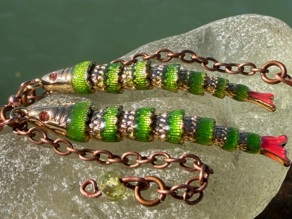 Articulated green fish earrings on recycled sterling silver. Boho earrings. Articulated jewellery.  Cute unusual earrings. GIft for swimmer.