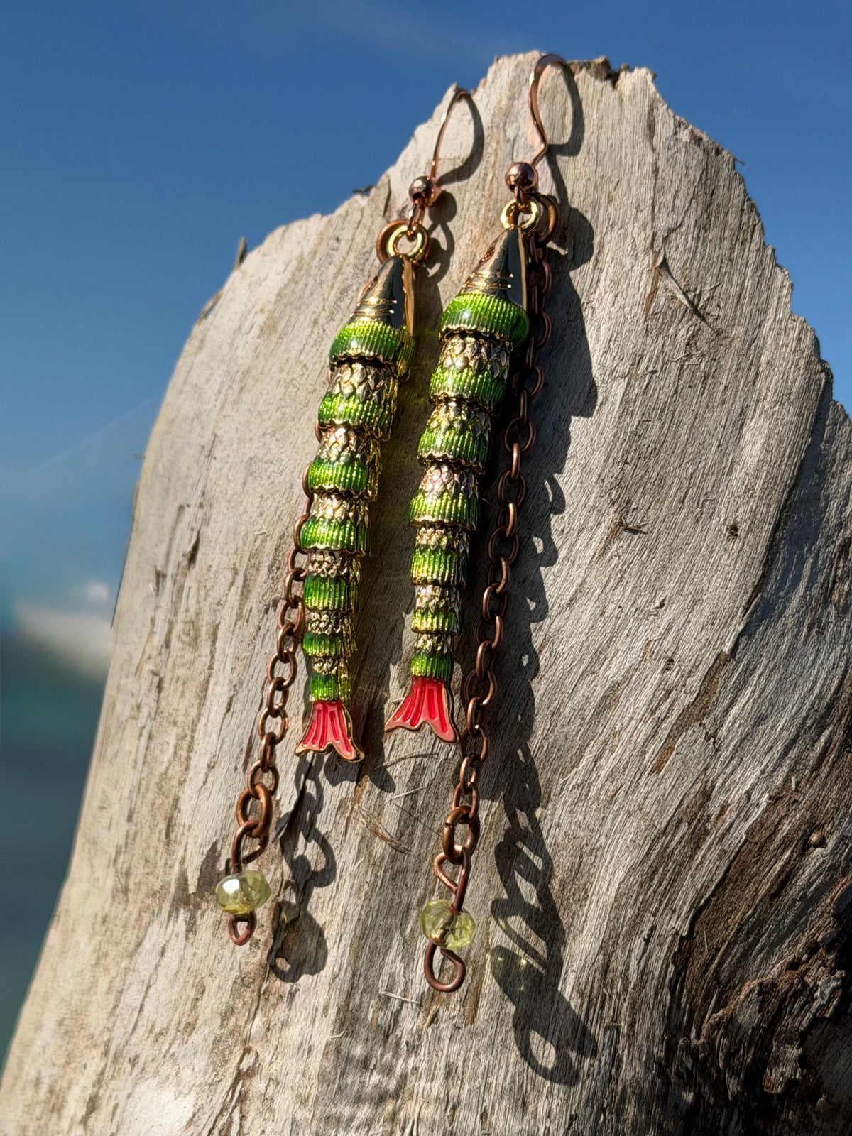Articulated green fish earrings on recycled sterling silver. Boho earrings. Articulated jewellery.  Cute unusual earrings. GIft for swimmer.