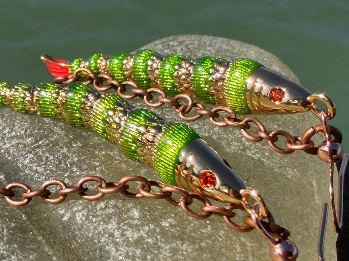 Articulated green fish earrings on recycled sterling silver. Boho earrings. Articulated jewellery.  Cute unusual earrings. GIft for swimmer.
