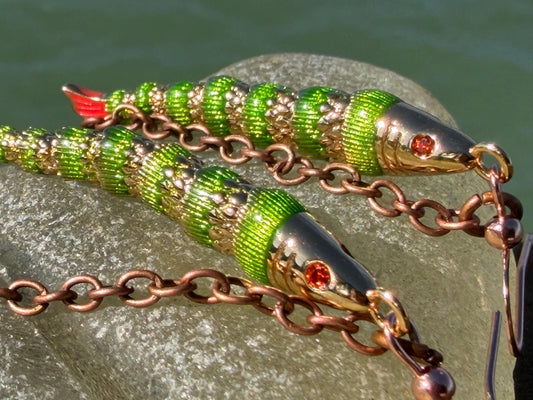 Articulated green fish earrings on recycled sterling silver. Boho earrings. Articulated jewellery.  Cute unusual earrings. GIft for swimmer.