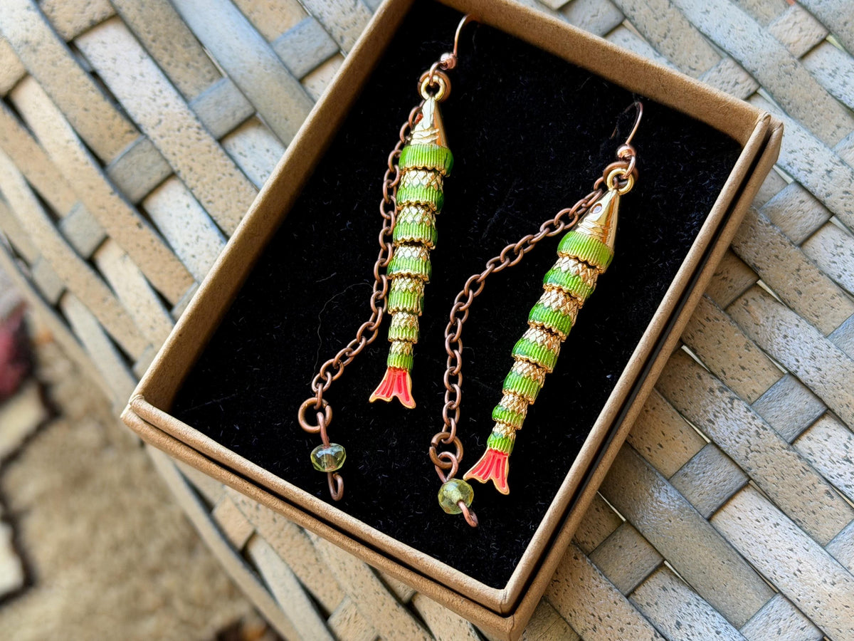 Articulated green fish earrings on recycled sterling silver. Boho earrings. Articulated jewellery.  Cute unusual earrings. GIft for swimmer.