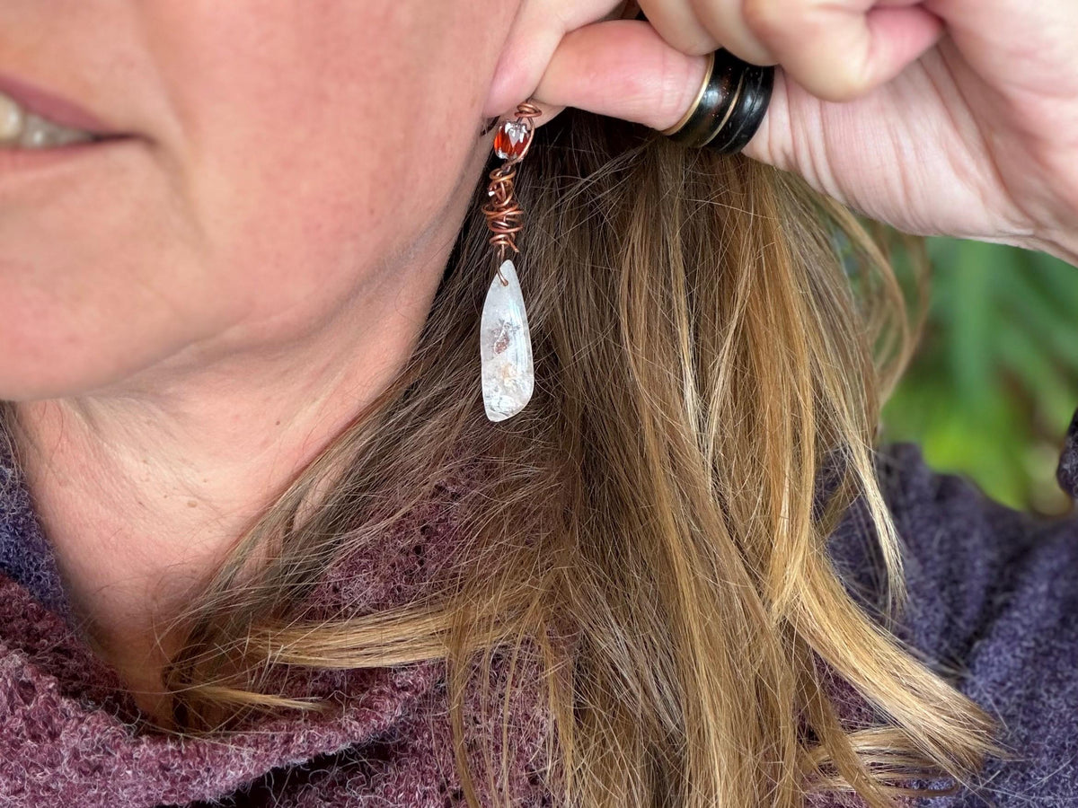 Ethically sourced ghost quartz gemstone earrings  on recycled copper. Handmade earrings. Ethical jewellery, boho jewellery. Unique earrings.