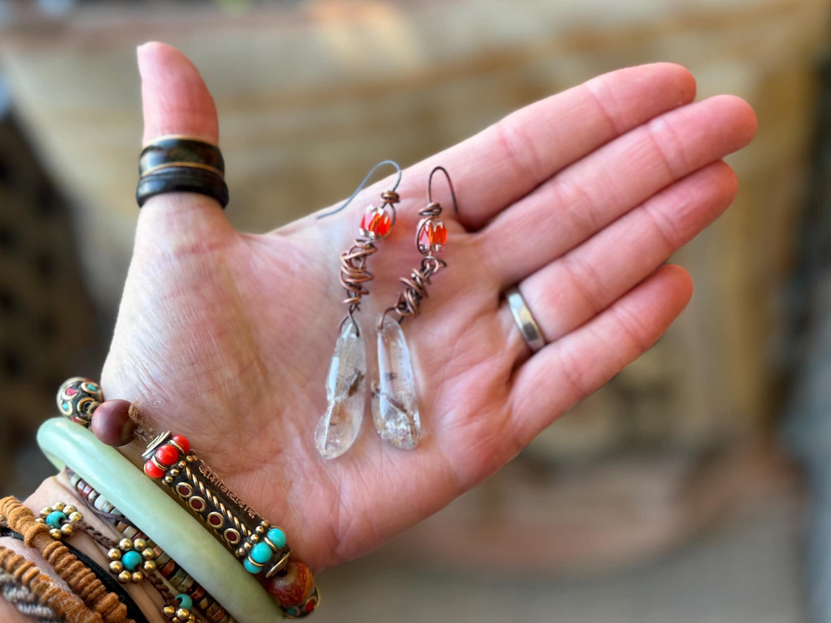 Ethically sourced ghost quartz gemstone earrings  on recycled copper. Handmade earrings. Ethical jewellery, boho jewellery. Unique earrings.