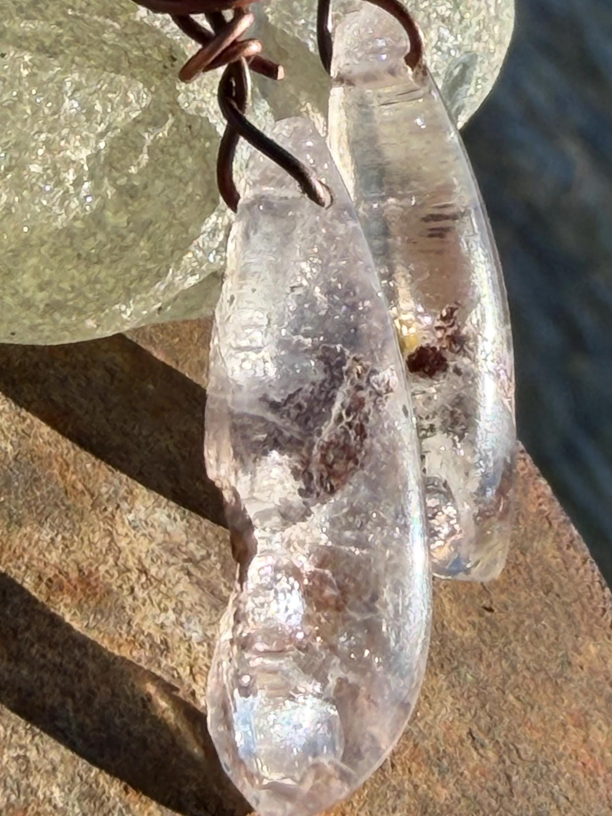 Ethically sourced ghost quartz gemstone earrings  on recycled copper. Handmade earrings. Ethical jewellery, boho jewellery. Unique earrings.