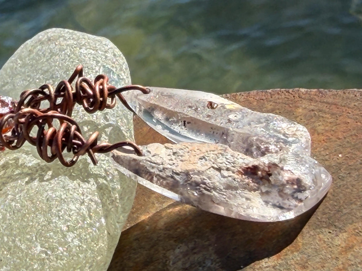 Ethically sourced ghost quartz gemstone earrings  on recycled copper. Handmade earrings. Ethical jewellery, boho jewellery. Unique earrings.