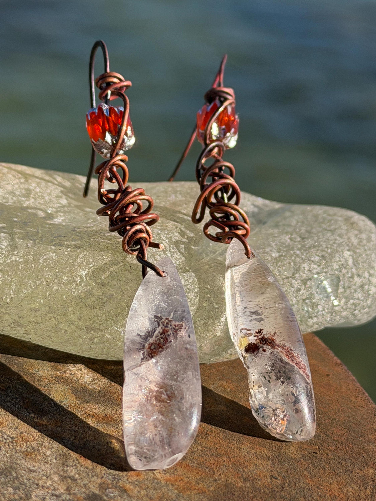 Ethically sourced ghost quartz gemstone earrings  on recycled copper. Handmade earrings. Ethical jewellery, boho jewellery. Unique earrings.