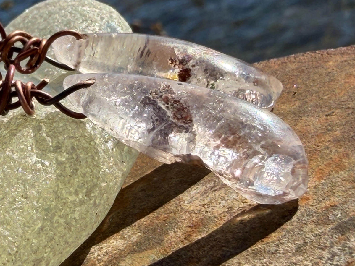 Ethically sourced ghost quartz gemstone earrings  on recycled copper. Handmade earrings. Ethical jewellery, boho jewellery. Unique earrings.