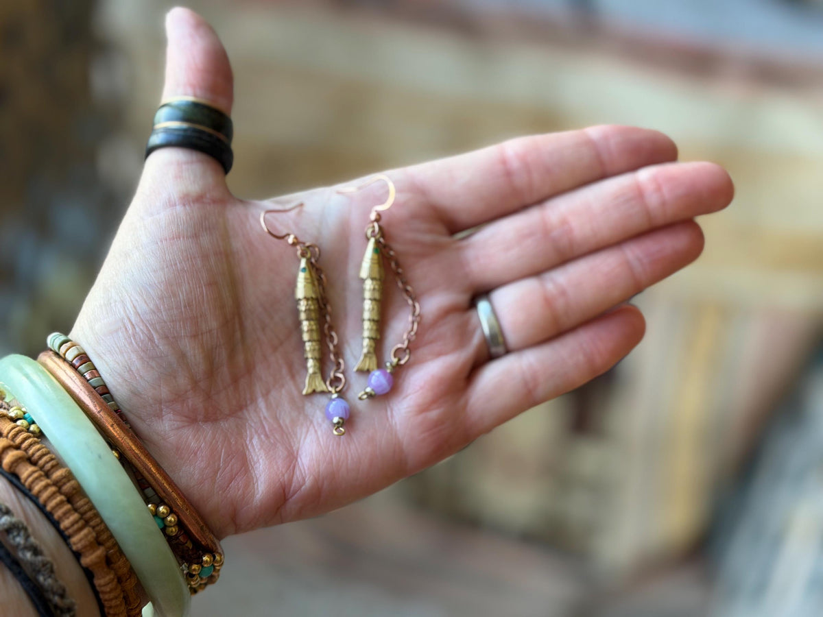 Articulated fish earrings. Articulated jewellery. Eco friendly handmade jewellery.  Boho unusual earrings. Ethical and unique earrings.