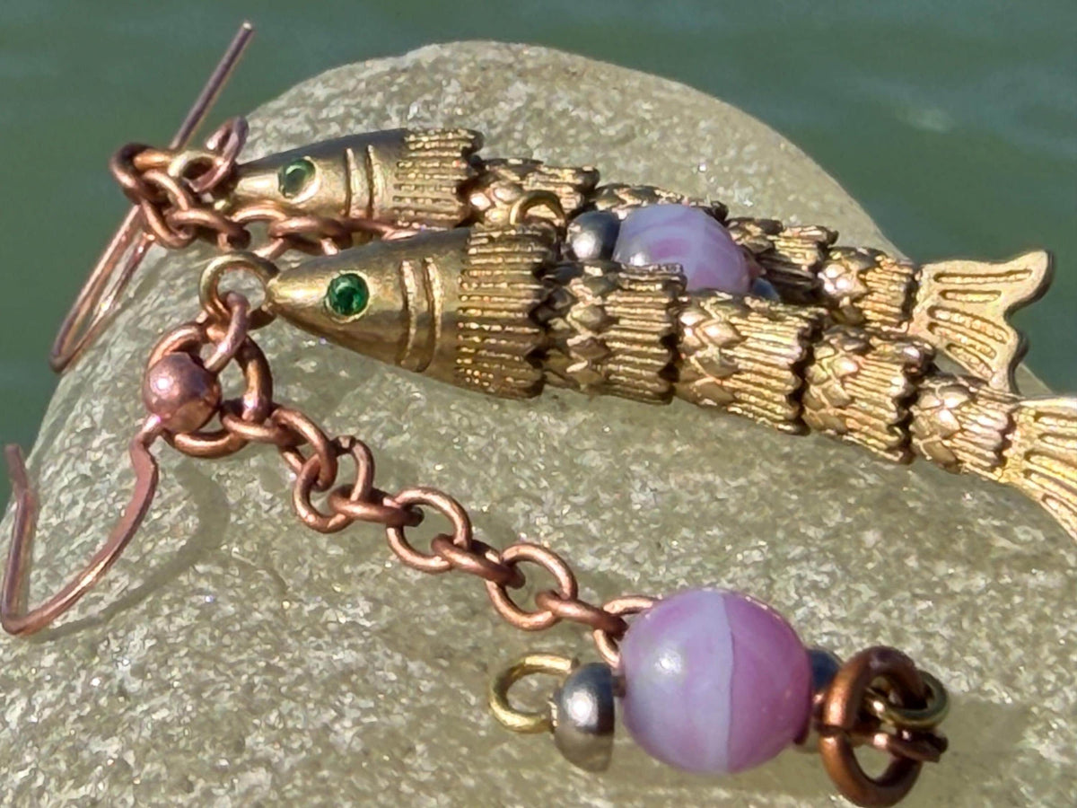 Articulated fish earrings. Articulated jewellery. Eco friendly handmade jewellery.  Boho unusual earrings. Ethical and unique earrings.
