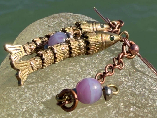 Articulated fish earrings. Articulated jewellery. Eco friendly handmade jewellery.  Boho unusual earrings. Ethical and unique earrings.