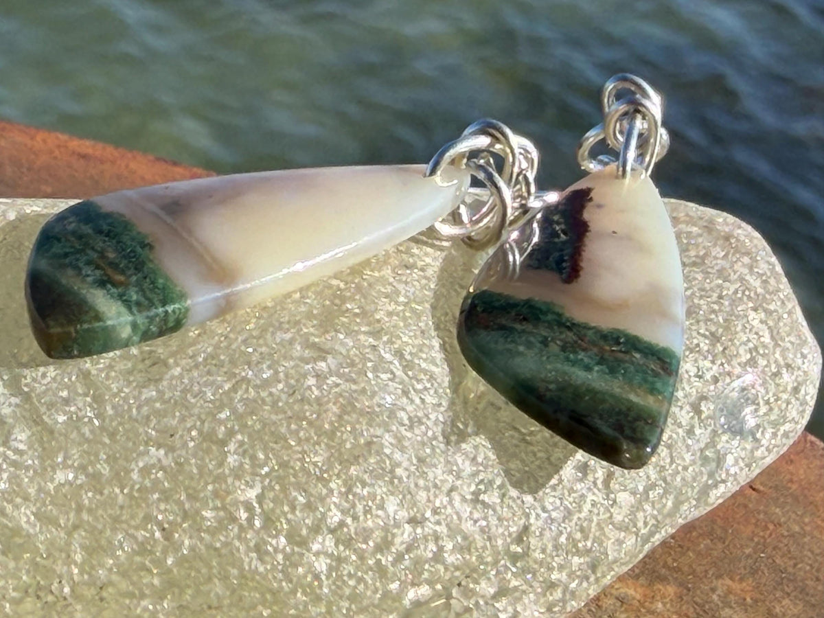 Agate gemstone earrings on recycled sterling silver. Handmade festive earrings. Ethical jewellery, boho jewellery. Unique earrings.
