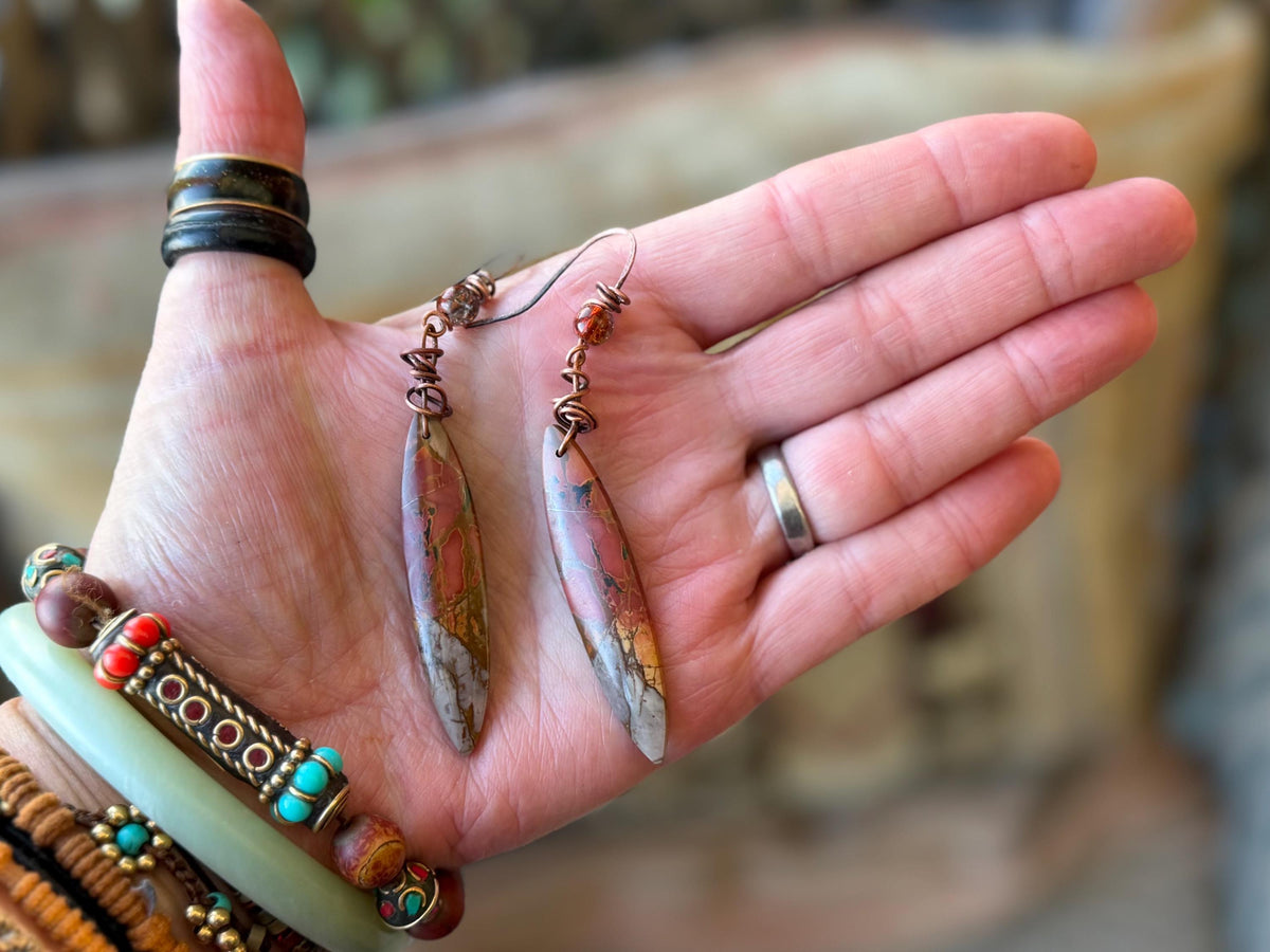 Picasso jasper gemstone earrings. Ethical jewellery, orange gemstone earrings. Stunning unique jewellery. Eco friendly unique earrings.
