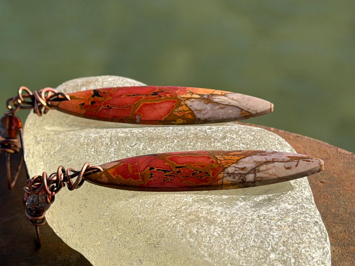 Picasso jasper gemstone earrings. Ethical jewellery, orange gemstone earrings. Stunning unique jewellery. Eco friendly unique earrings.