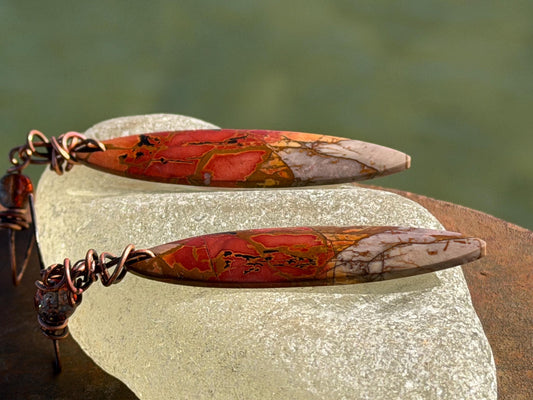 Picasso jasper gemstone earrings. Ethical jewellery, orange gemstone earrings. Stunning unique jewellery. Eco friendly unique earrings.