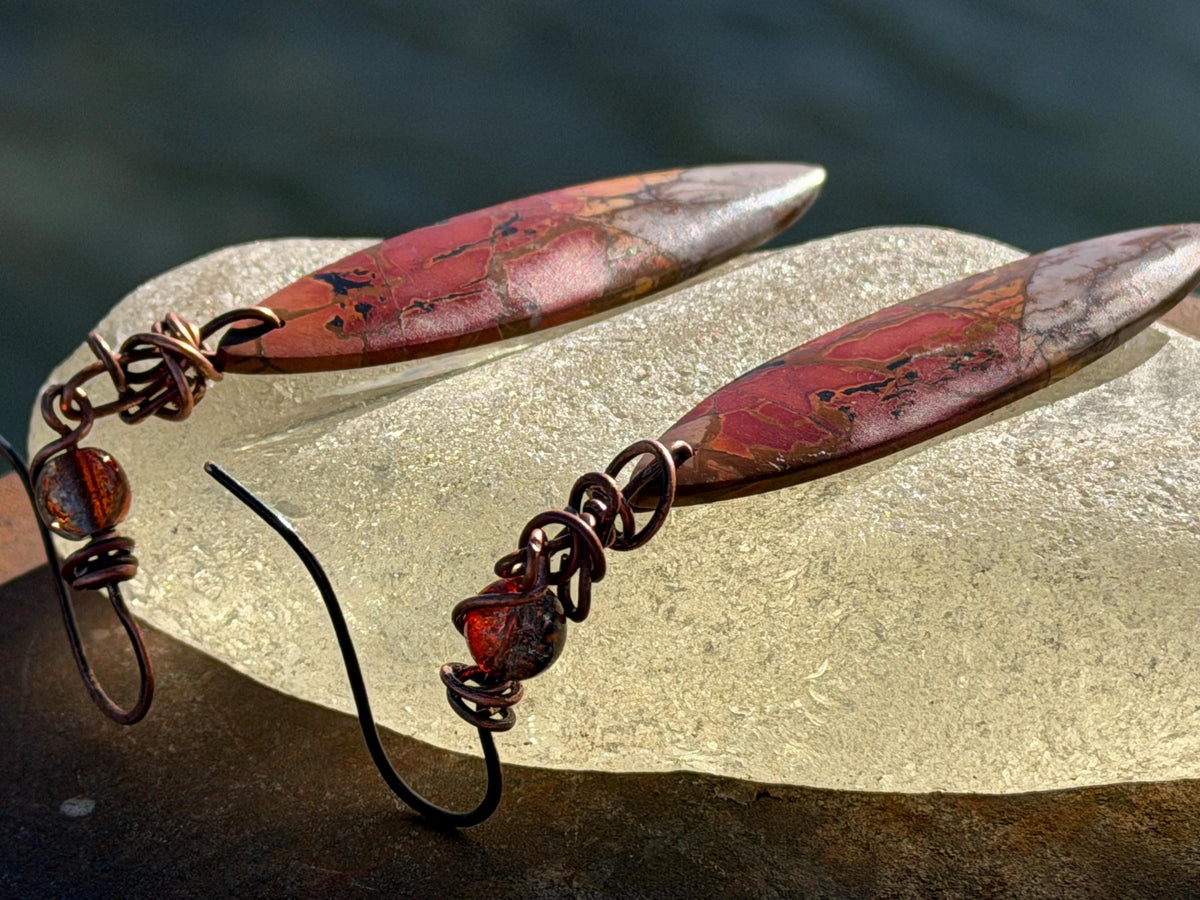 Picasso jasper gemstone earrings. Ethical jewellery, orange gemstone earrings. Stunning unique jewellery. Eco friendly unique earrings.