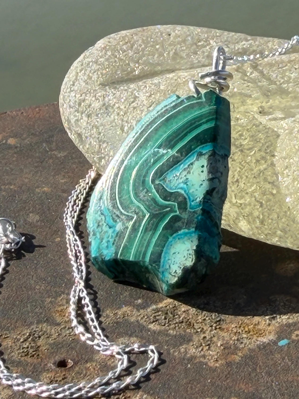 Azurite malachite necklace, malachite pendant, large gemstone necklace, green gemstone, Handmade gemstone necklace, boho gift for her