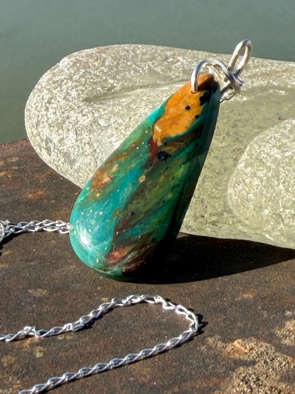 Green opalised wood necklace, ethical jewellery, bohemian necklace, unusual jewellery, unique eco friendly pendant,  red gemstone necklace.