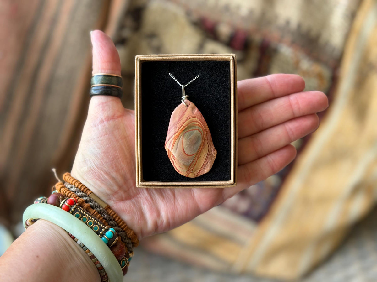 Stunning rhyolite necklace, ethical jewellery, bohemian necklace, unusual jewellery, unique gemstone pendant, orange gemstone necklace