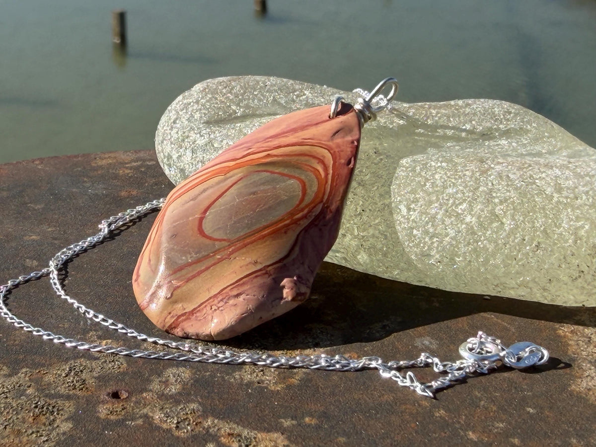 Stunning rhyolite necklace, ethical jewellery, bohemian necklace, unusual jewellery, unique gemstone pendant, orange gemstone necklace